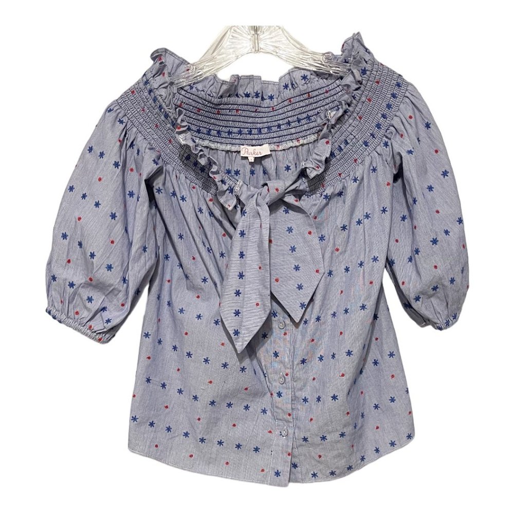 Parker Small Spade Blue Embroidered Chest Bow On Off Shoulder Top1/2 Sleeve Top - Picture 3 of 6